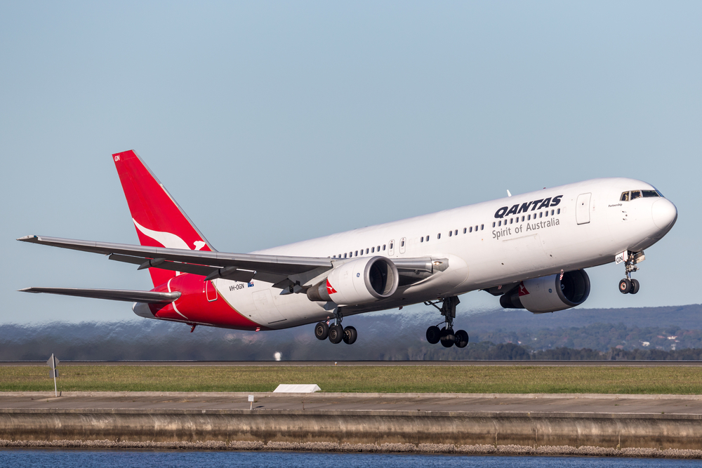 Qantas Boeing 767 airliner taking off from Sydney Airport