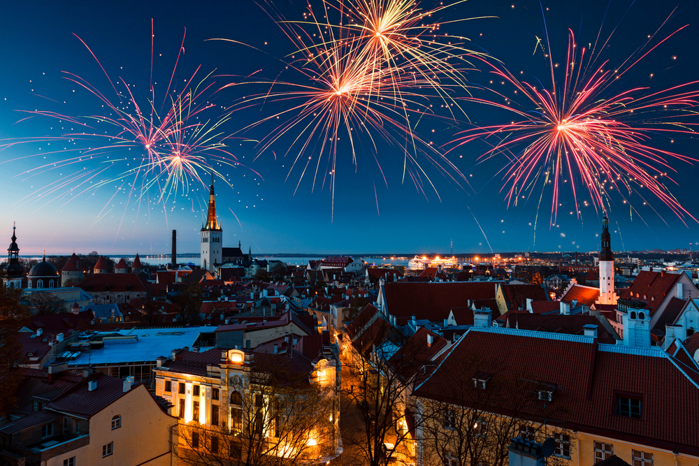 Fireworks light up the sky in Tallinn, Estonia